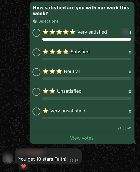 A five-star satisfaction poll and positive team feedback.