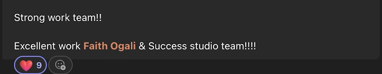 Cropped Drive screenshot showing praise for Faith Ogali and the Success Studio team.