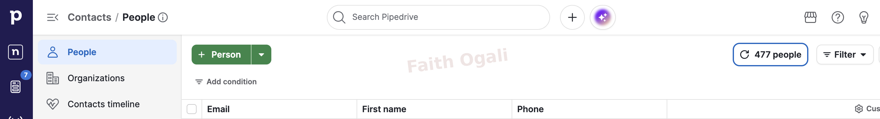 Pipedrive shows 477 contacts built from a zero starting point through content-led work.