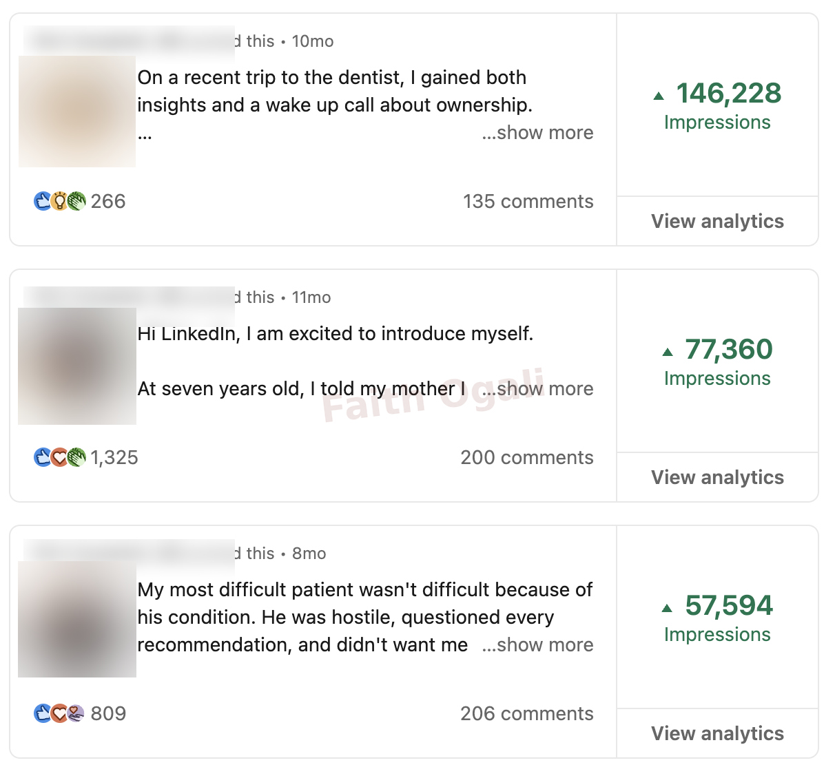 Three posts reached 146,228, 77,360 and 57,594 impressions.