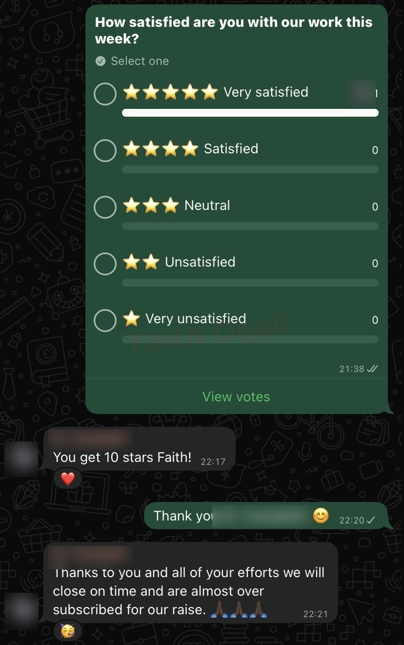A client satisfaction poll shows one “Very satisfied” response and zero votes for the other options, with positive messages below.