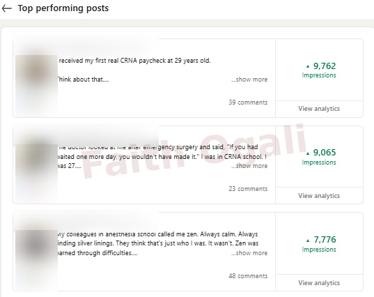 Top posts reached 9,762, 9,065 and 7,776 impressions.