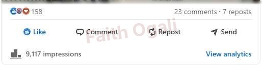 A post analytics strip showing 9,117 impressions, 23 comments and seven reposts.