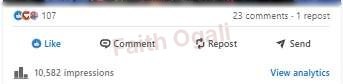 A post analytics strip showing 10,582 impressions, 23 comments and one repost.